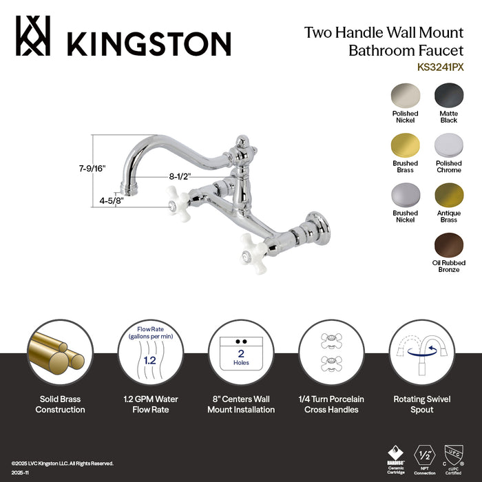 Kingston Heirloom KS3247PX - Vintage Double-Handle 2-Hole Wall Mount Bathroom Faucet, Brushed Brass