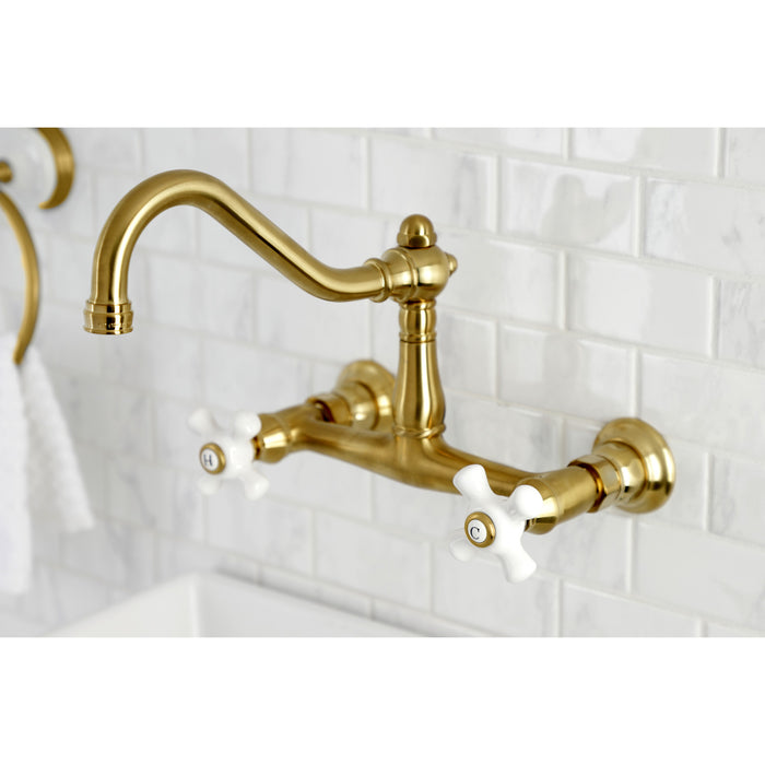 Kingston Heirloom KS3247PX - Vintage Double-Handle 2-Hole Wall Mount Bathroom Faucet, Brushed Brass