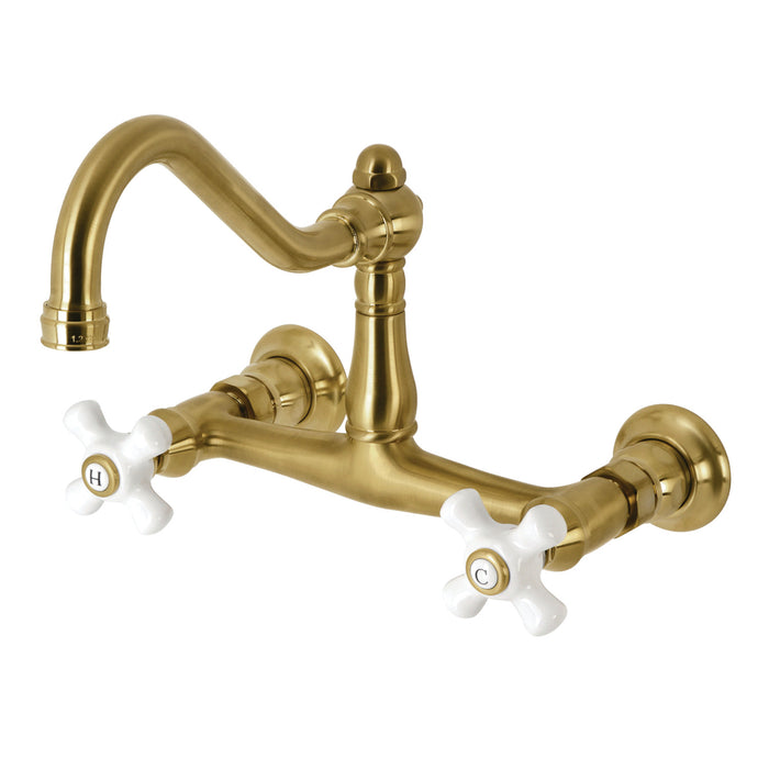 Kingston Heirloom KS3247PX - Vintage Double-Handle 2-Hole Wall Mount Bathroom Faucet, Brushed Brass