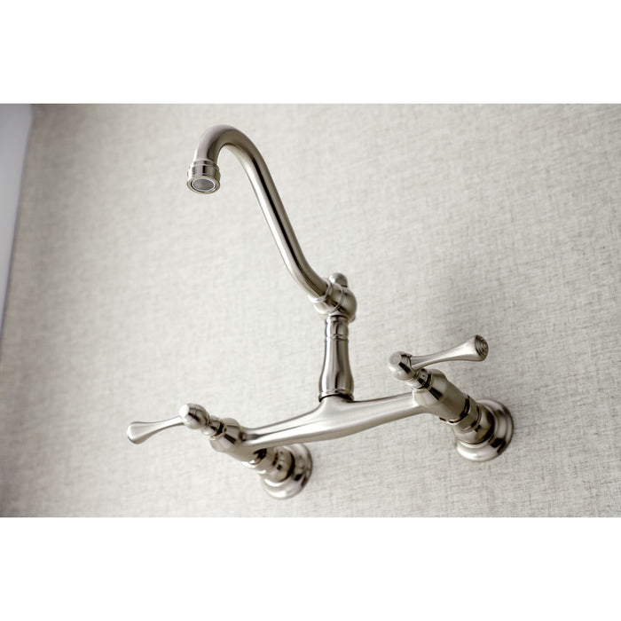 Kingston Heirloom KS3248BL - Vintage Double-Handle 2-Hole Wall Mount Bathroom Faucet, Brushed Nickel