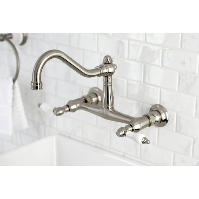 Kingston Heirloom KS3248PL - Vintage Double-Handle 2-Hole Wall Mount Bathroom Faucet, Brushed Nickel