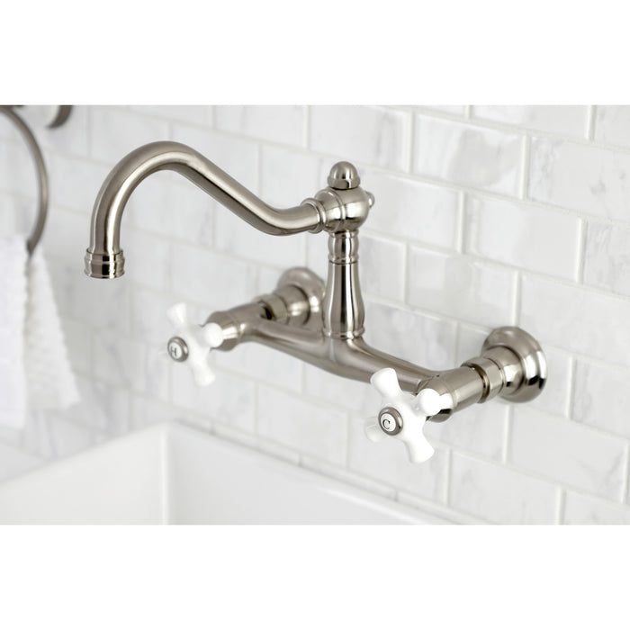 Kingston Heirloom KS3248PX - Vintage Double-Handle 2-Hole Wall Mount Bathroom Faucet, Brushed Nickel
