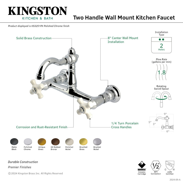 Kingston Heirloom KS3250PX - Vintage Two-Handle 2-Hole Wall Mount Bridge Kitchen Faucet, Matte Black