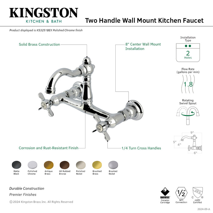 Kingston Heirloom KS3251BEX - Vintage Two-Handle 2-Hole Wall Mount Bridge Kitchen Faucet, Polished Chrome