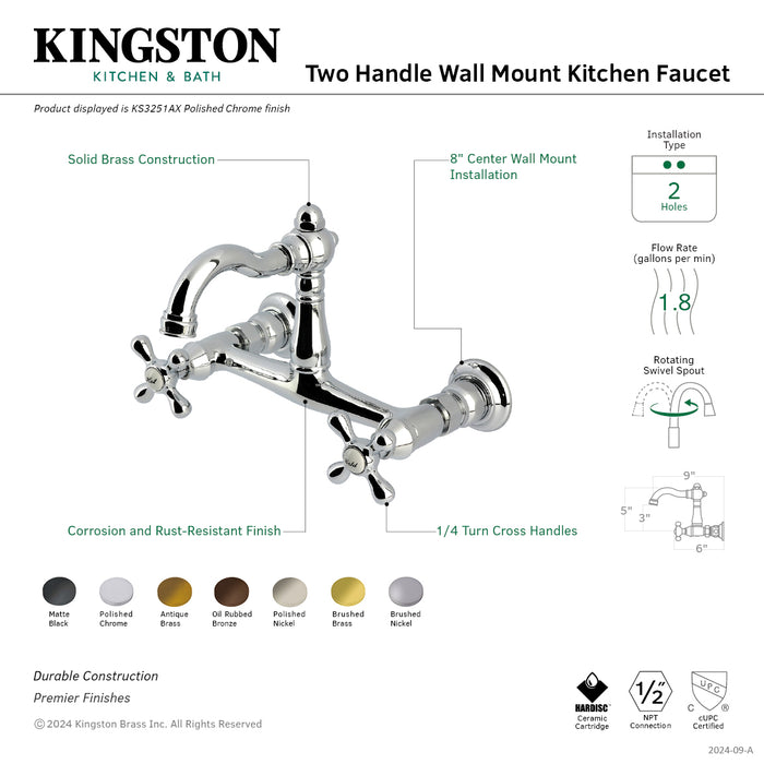Kingston Heirloom KS3253AX - Vintage Two-Handle 2-Hole Wall Mount Bridge Kitchen Faucet, Antique Brass