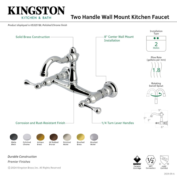 Kingston Heirloom KS3253BL - Vintage Two-Handle 2-Hole Wall Mount Bridge Kitchen Faucet, Antique Brass