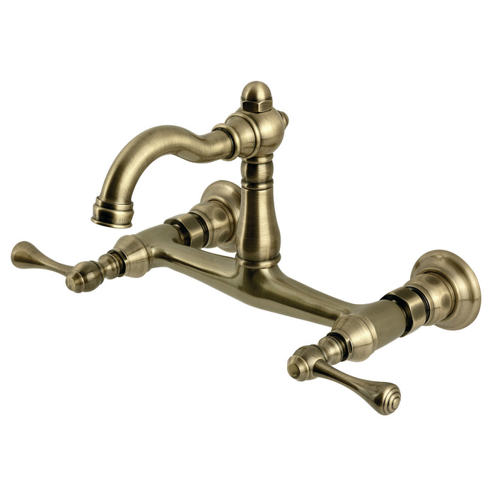 Kingston Heirloom KS3253BL - Vintage Two-Handle 2-Hole Wall Mount Bridge Kitchen Faucet, Antique Brass