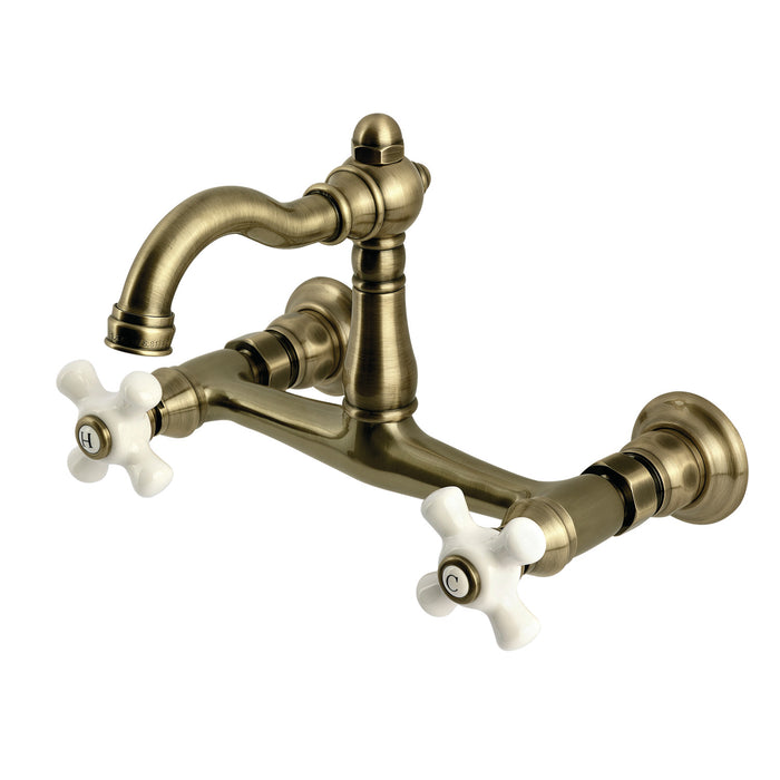 Kingston Heirloom KS3253PX - Vintage Two-Handle 2-Hole Wall Mount Bridge Kitchen Faucet, Antique Brass