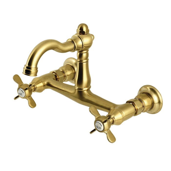 Kingston Heirloom KS3257BEX - Vintage Two-Handle 2-Hole Wall Mount Bridge Kitchen Faucet, Brushed Brass