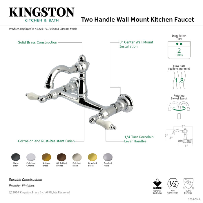 Kingston Heirloom KS3257PL - Vintage Two-Handle 2-Hole Wall Mount Bridge Kitchen Faucet, Brushed Brass
