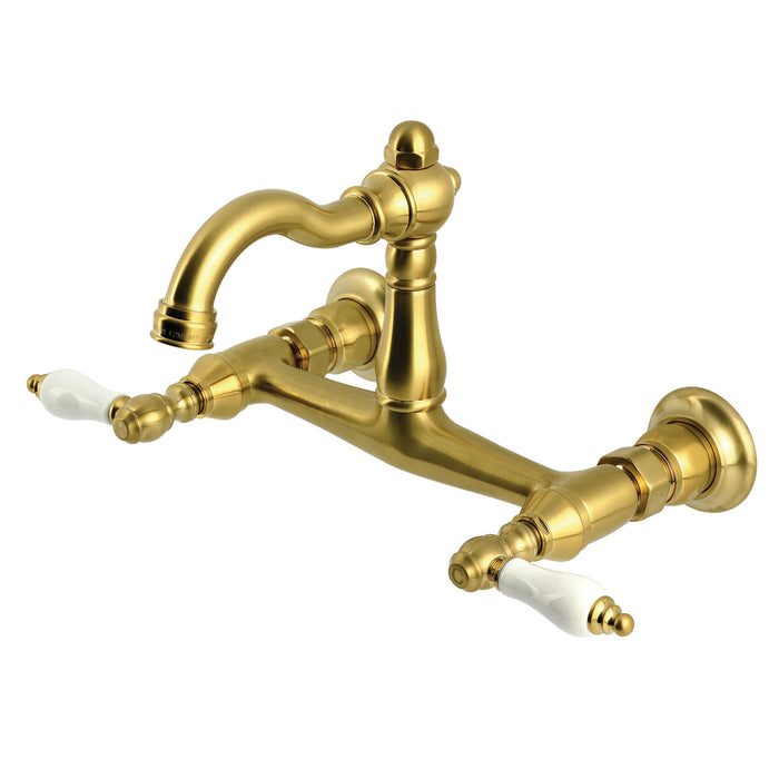 Kingston Heirloom KS3257PL - Vintage Two-Handle 2-Hole Wall Mount Bridge Kitchen Faucet, Brushed Brass