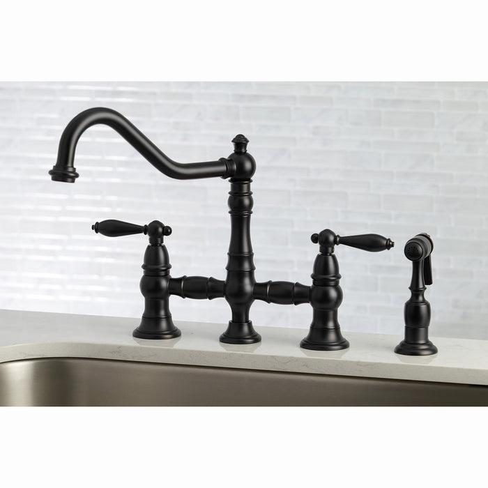 Kingston Heirloom KS3270ALBS - Restoration Two-Handle 4-Hole Deck Mount Bridge Kitchen Faucet with Brass Sprayer, Matte Black