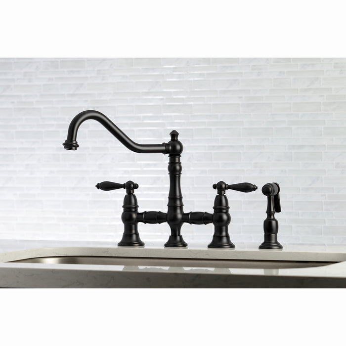 Kingston Heirloom KS3270ALBS - Restoration Two-Handle 4-Hole Deck Mount Bridge Kitchen Faucet with Brass Sprayer, Matte Black