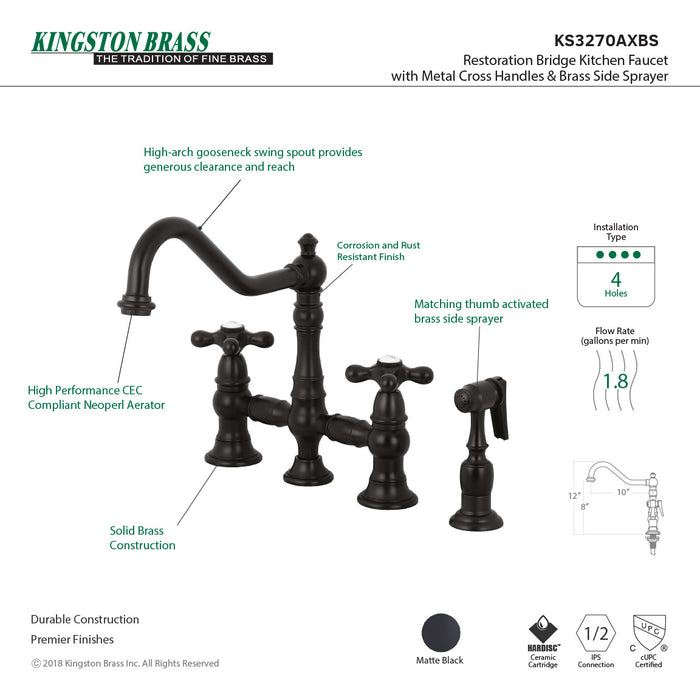 Kingston Heirloom KS3270AXBS - Restoration Two-Handle 4-Hole Deck Mount Bridge Kitchen Faucet with Brass Sprayer, Matte Black