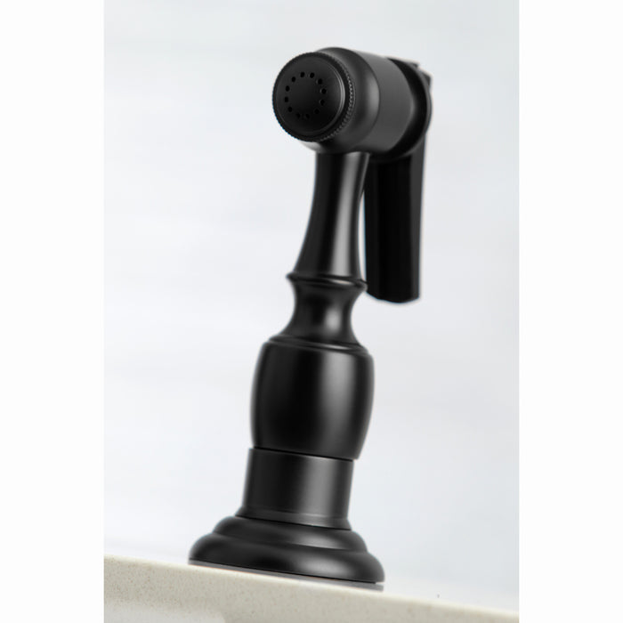 Kingston Heirloom KS3270AXBS - Restoration Two-Handle 4-Hole Deck Mount Bridge Kitchen Faucet with Brass Sprayer, Matte Black