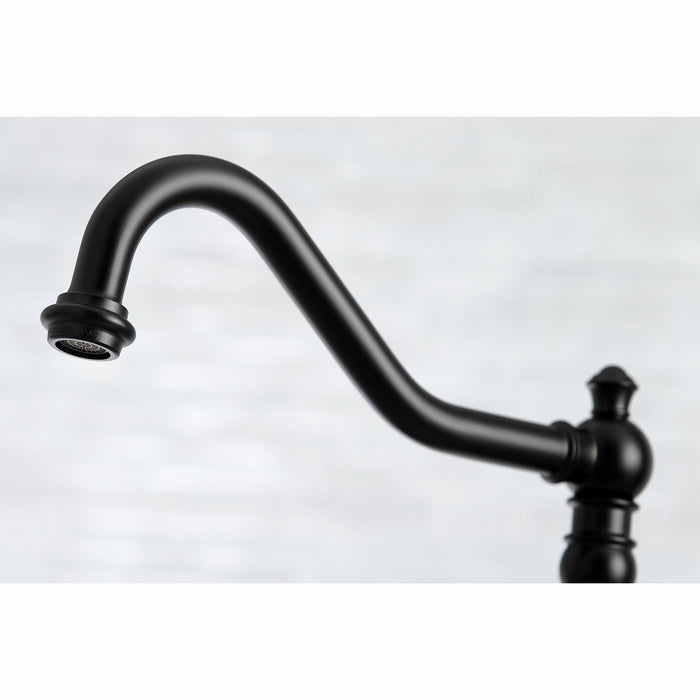 Kingston Heirloom KS3270AXBS - Restoration Two-Handle 4-Hole Deck Mount Bridge Kitchen Faucet with Brass Sprayer, Matte Black