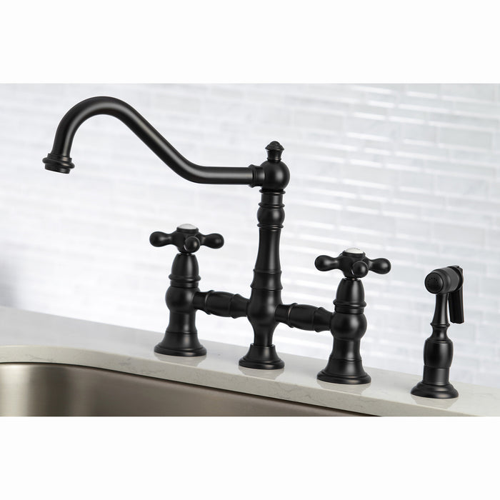 Kingston Heirloom KS3270AXBS - Restoration Two-Handle 4-Hole Deck Mount Bridge Kitchen Faucet with Brass Sprayer, Matte Black
