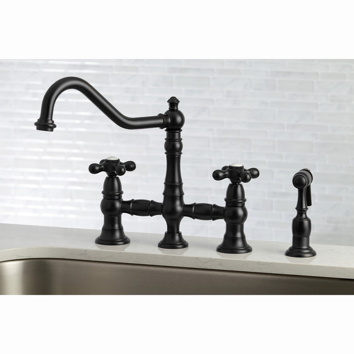 Kingston Heirloom KS3270AXBS - Restoration Two-Handle 4-Hole Deck Mount Bridge Kitchen Faucet with Brass Sprayer, Matte Black