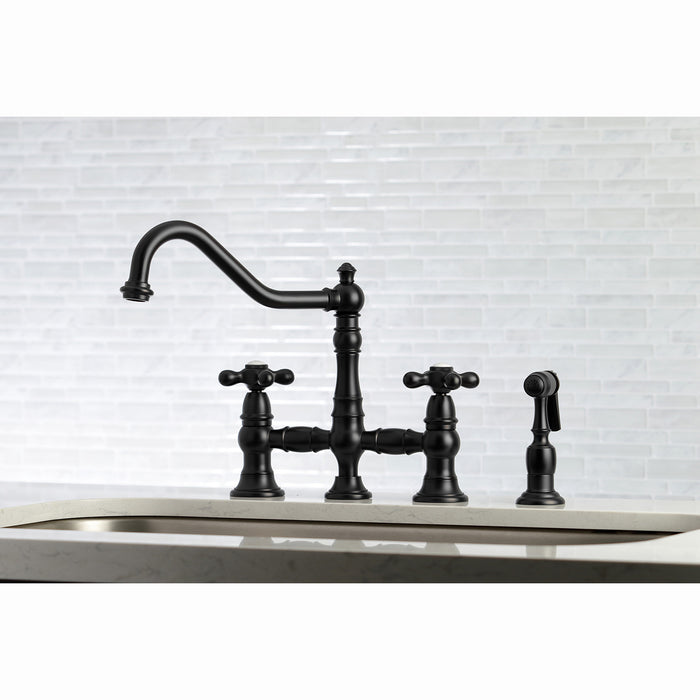Kingston Heirloom KS3270AXBS - Restoration Two-Handle 4-Hole Deck Mount Bridge Kitchen Faucet with Brass Sprayer, Matte Black