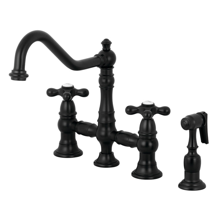 Kingston Heirloom KS3270AXBS - Restoration Two-Handle 4-Hole Deck Mount Bridge Kitchen Faucet with Brass Sprayer, Matte Black