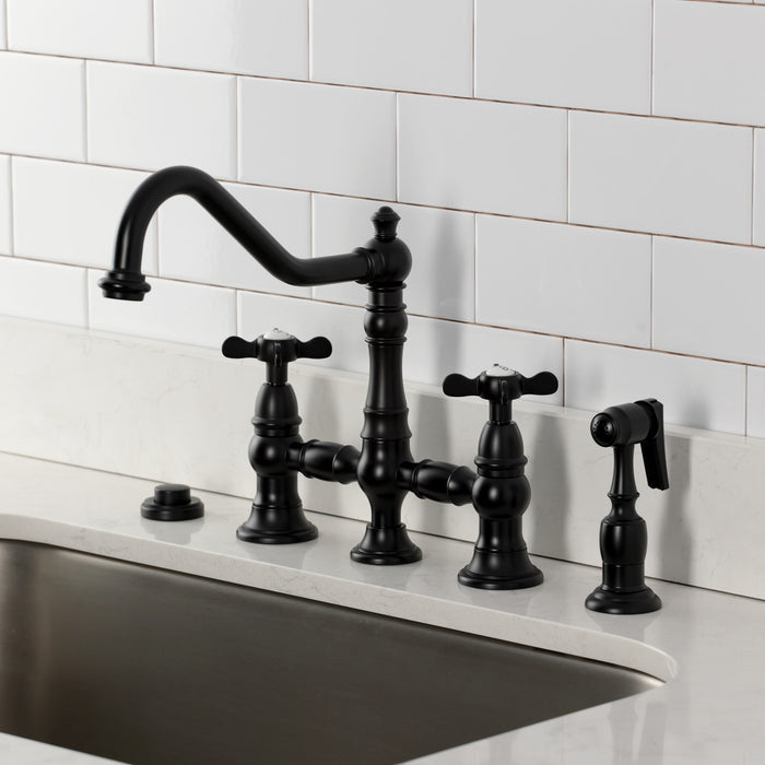Kingston Heirloom KS3270BEXBS - Essex Two-Handle 4-Hole Deck Mount Bridge Kitchen Faucet with Brass Sprayer, Matte Black