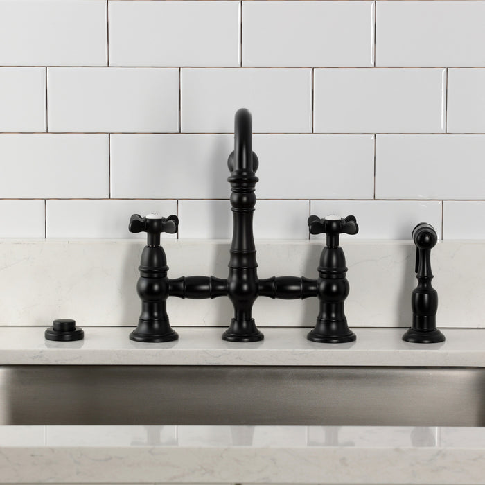 Kingston Heirloom KS3270BEXBS - Essex Two-Handle 4-Hole Deck Mount Bridge Kitchen Faucet with Brass Sprayer, Matte Black