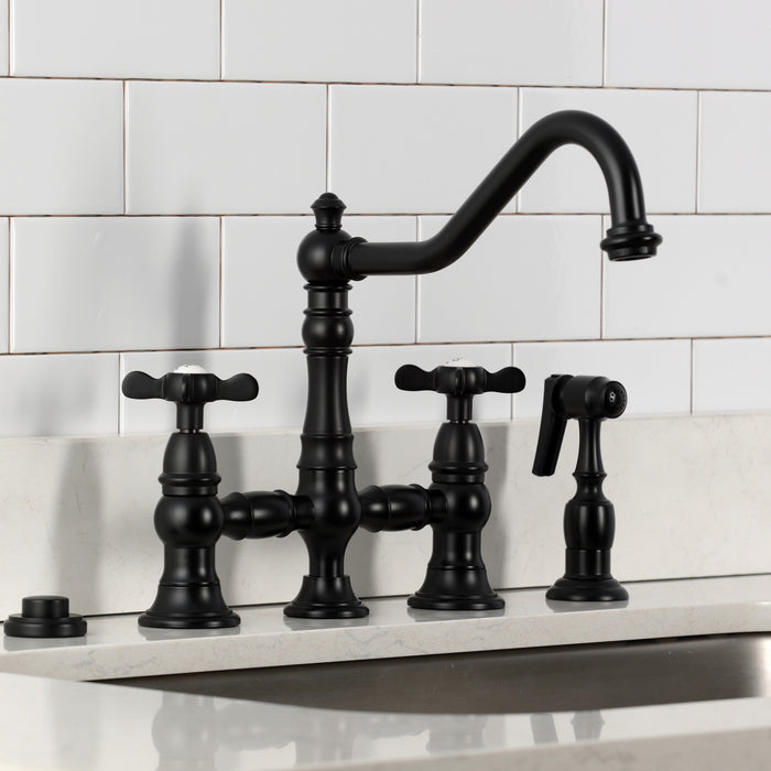 Kingston Heirloom KS3270BEXBS - Essex Two-Handle 4-Hole Deck Mount Bridge Kitchen Faucet with Brass Sprayer, Matte Black
