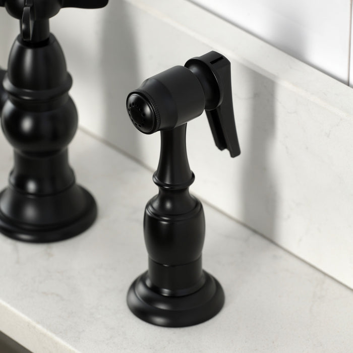 Kingston Heirloom KS3270BEXBS - Essex Two-Handle 4-Hole Deck Mount Bridge Kitchen Faucet with Brass Sprayer, Matte Black