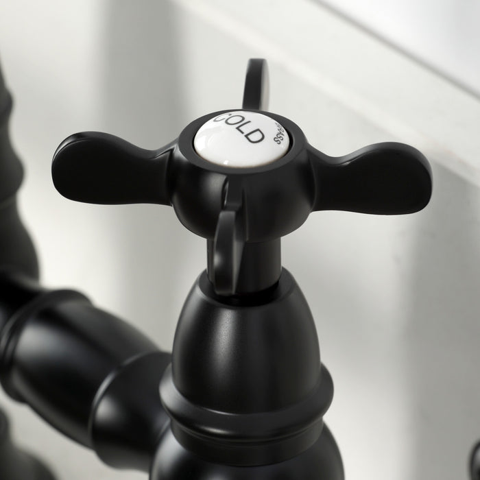 Kingston Heirloom KS3270BEXBS - Essex Two-Handle 4-Hole Deck Mount Bridge Kitchen Faucet with Brass Sprayer, Matte Black