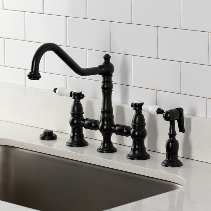 Kingston Heirloom KS3270BPLBS - Bel-Air Two-Handle 4-Hole Deck Mount Bridge Kitchen Faucet with Brass Sprayer, Matte Black