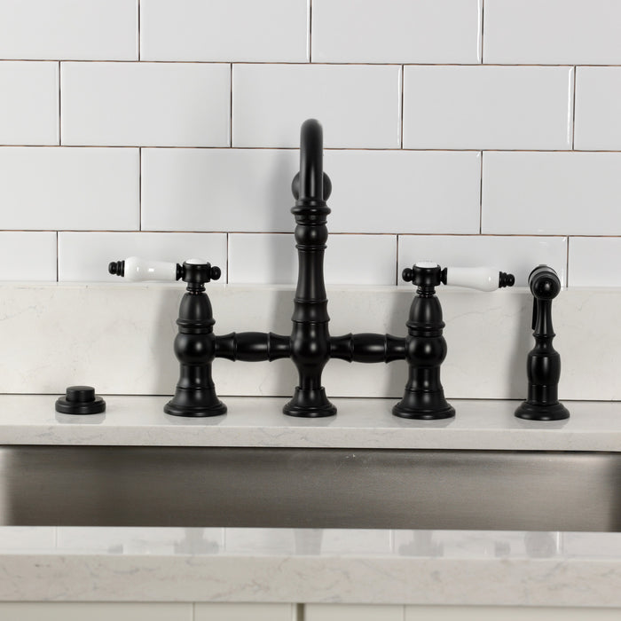 Kingston Heirloom KS3270BPLBS - Bel-Air Two-Handle 4-Hole Deck Mount Bridge Kitchen Faucet with Brass Sprayer, Matte Black