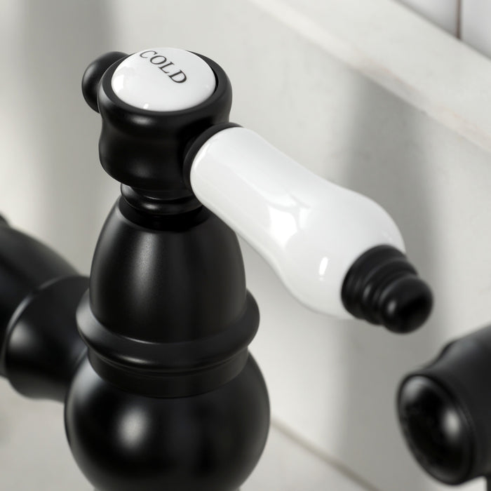 Kingston Heirloom KS3270BPLBS - Bel-Air Two-Handle 4-Hole Deck Mount Bridge Kitchen Faucet with Brass Sprayer, Matte Black