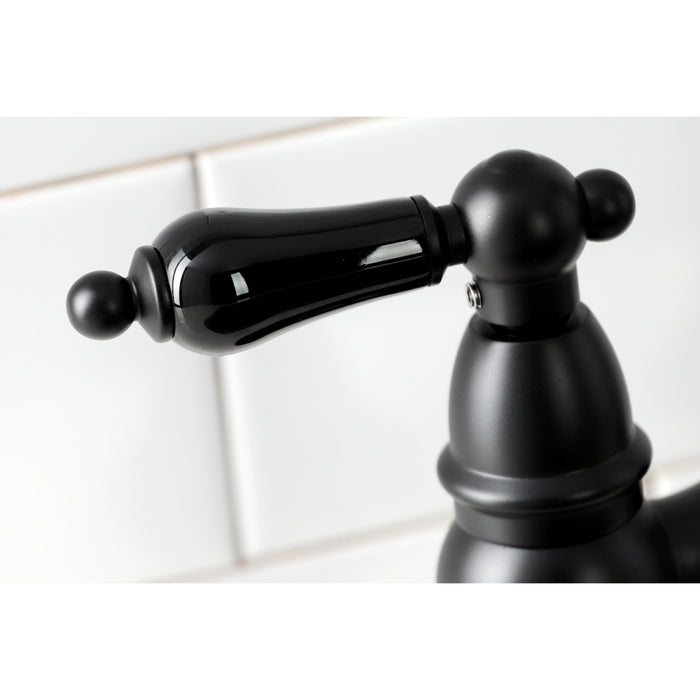 Kingston Heirloom KS3270PKLBS - Duchess Two-Handle 4-Hole Deck Mount Bridge Kitchen Faucet with Brass Sprayer, Matte Black