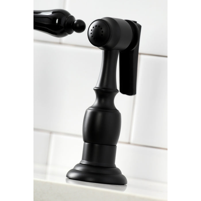 Kingston Heirloom KS3270PKLBS - Duchess Two-Handle 4-Hole Deck Mount Bridge Kitchen Faucet with Brass Sprayer, Matte Black