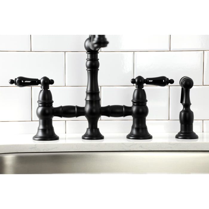 Kingston Heirloom KS3270PKLBS - Duchess Two-Handle 4-Hole Deck Mount Bridge Kitchen Faucet with Brass Sprayer, Matte Black