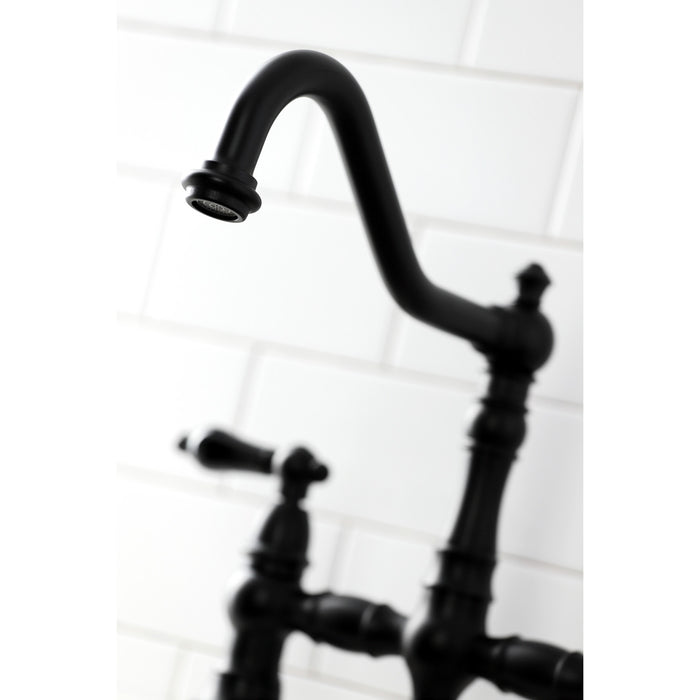 Kingston Heirloom KS3270PKLBS - Duchess Two-Handle 4-Hole Deck Mount Bridge Kitchen Faucet with Brass Sprayer, Matte Black