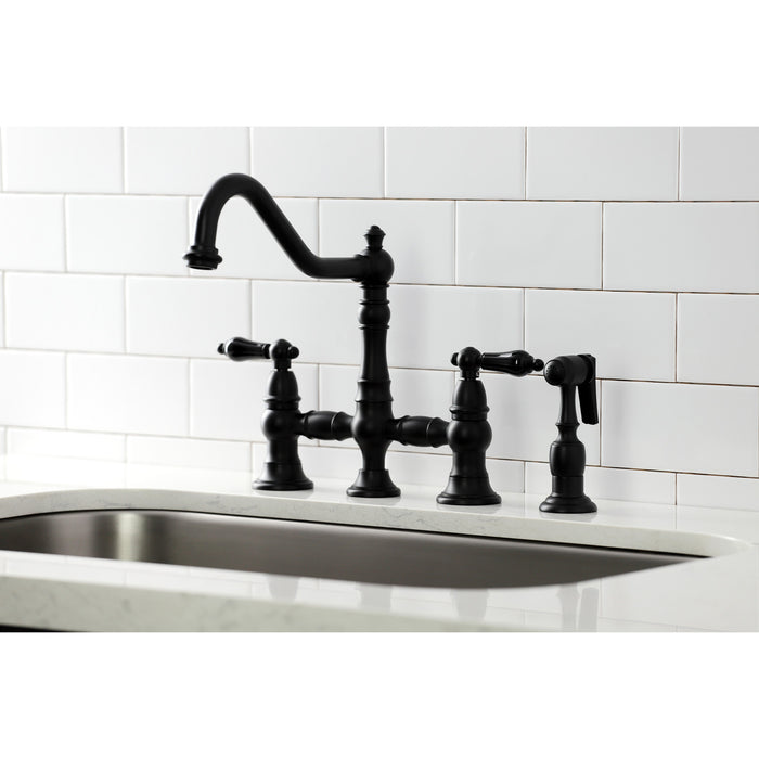 Kingston Heirloom KS3270PKLBS - Duchess Two-Handle 4-Hole Deck Mount Bridge Kitchen Faucet with Brass Sprayer, Matte Black