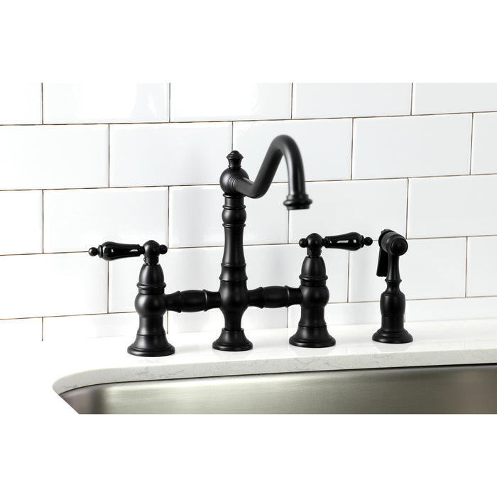 Kingston Heirloom KS3270PKLBS - Duchess Two-Handle 4-Hole Deck Mount Bridge Kitchen Faucet with Brass Sprayer, Matte Black