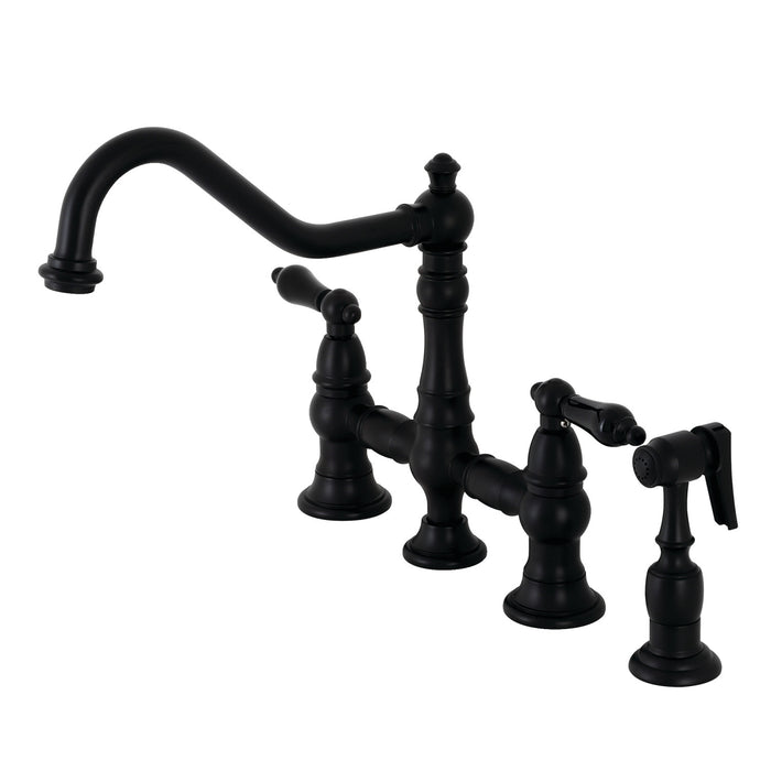 Kingston Heirloom KS3270PKLBS - Duchess Two-Handle 4-Hole Deck Mount Bridge Kitchen Faucet with Brass Sprayer, Matte Black