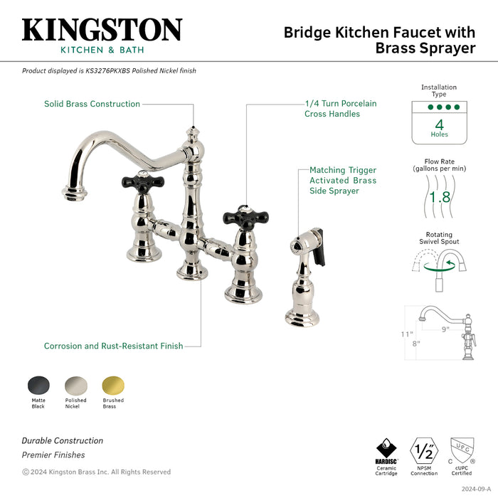 Kingston Heirloom KS3270PKXBS - Duchess Two-Handle 4-Hole Deck Mount Bridge Kitchen Faucet with Brass Sprayer, Matte Black