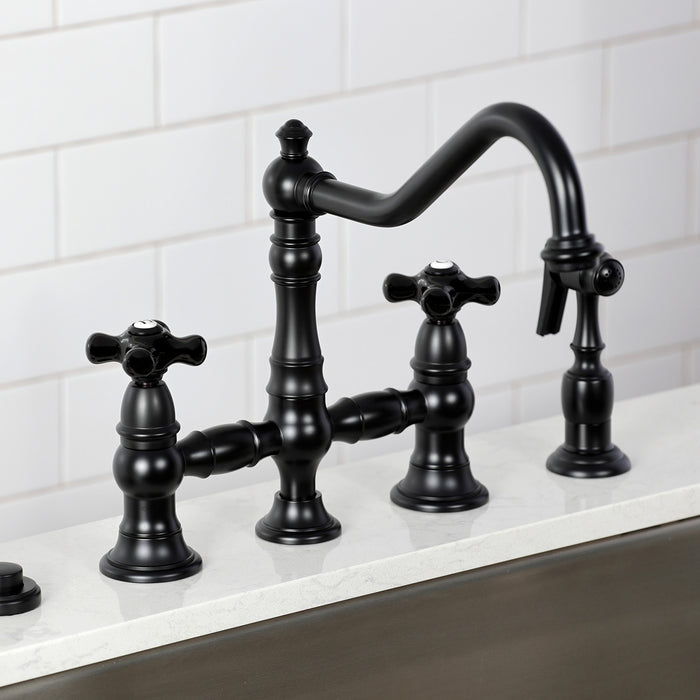 Kingston Heirloom KS3270PKXBS - Duchess Two-Handle 4-Hole Deck Mount Bridge Kitchen Faucet with Brass Sprayer, Matte Black