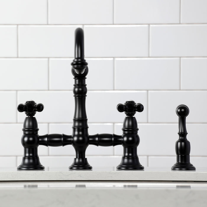 Kingston Heirloom KS3270PKXBS - Duchess Two-Handle 4-Hole Deck Mount Bridge Kitchen Faucet with Brass Sprayer, Matte Black