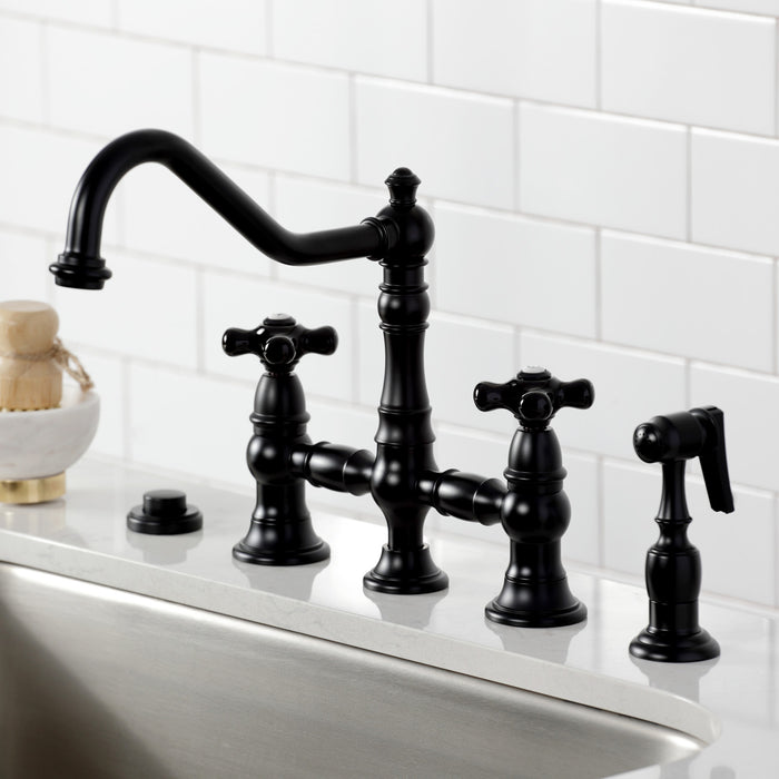 Kingston Heirloom KS3270PKXBS - Duchess Two-Handle 4-Hole Deck Mount Bridge Kitchen Faucet with Brass Sprayer, Matte Black