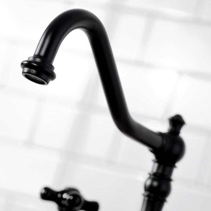Kingston Heirloom KS3270PKXBS - Duchess Two-Handle 4-Hole Deck Mount Bridge Kitchen Faucet with Brass Sprayer, Matte Black