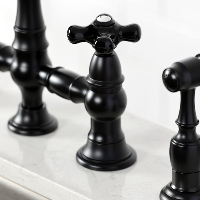 Kingston Heirloom KS3270PKXBS - Duchess Two-Handle 4-Hole Deck Mount Bridge Kitchen Faucet with Brass Sprayer, Matte Black