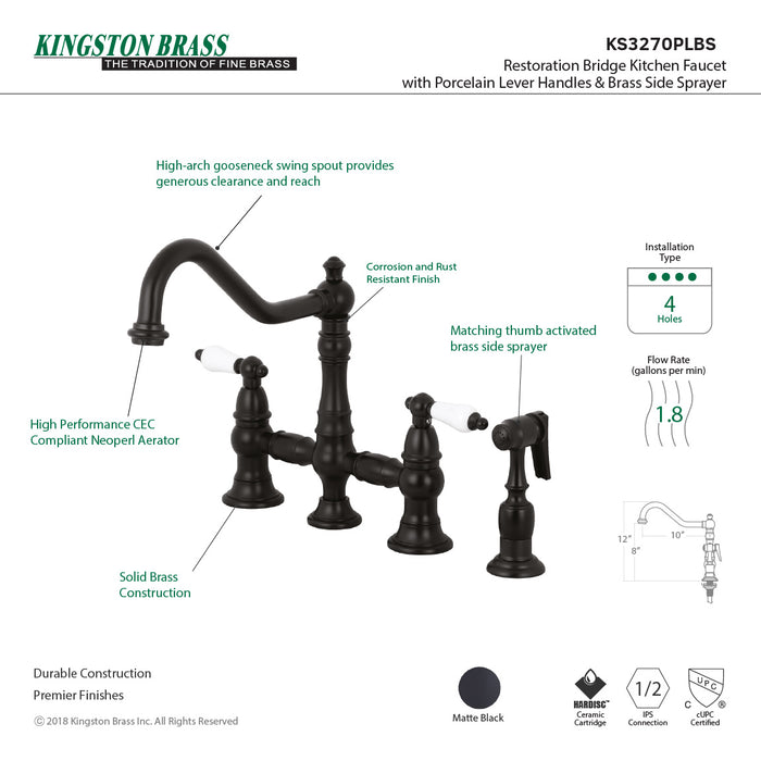 Kingston Heirloom KS3270PLBS - Restoration Two-Handle 4-Hole Deck Mount Bridge Kitchen Faucet with Brass Sprayer, Matte Black