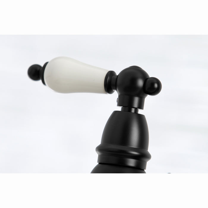 Kingston Heirloom KS3270PLBS - Restoration Two-Handle 4-Hole Deck Mount Bridge Kitchen Faucet with Brass Sprayer, Matte Black