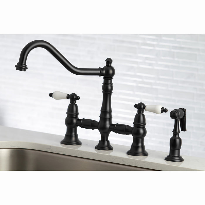 Kingston Heirloom KS3270PLBS - Restoration Two-Handle 4-Hole Deck Mount Bridge Kitchen Faucet with Brass Sprayer, Matte Black