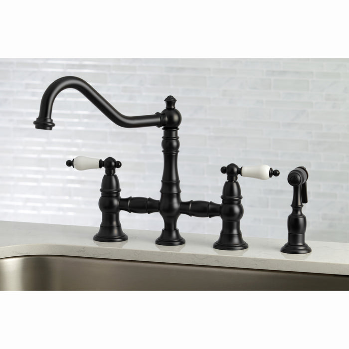 Kingston Heirloom KS3270PLBS - Restoration Two-Handle 4-Hole Deck Mount Bridge Kitchen Faucet with Brass Sprayer, Matte Black