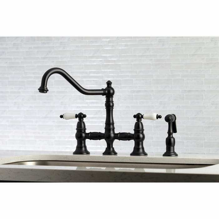 Kingston Heirloom KS3270PLBS - Restoration Two-Handle 4-Hole Deck Mount Bridge Kitchen Faucet with Brass Sprayer, Matte Black